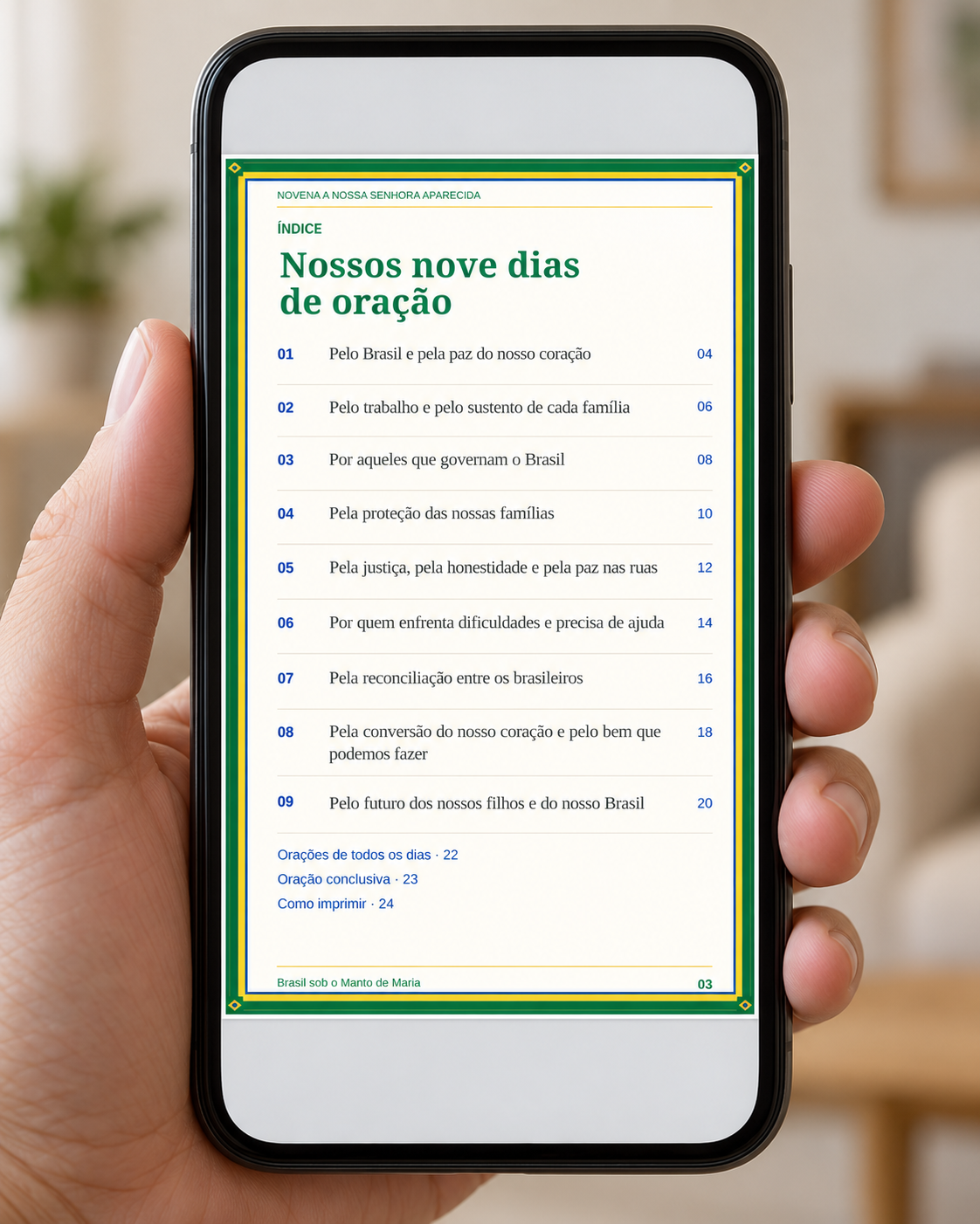 Celular exibindo o índice dos nove dias da novena