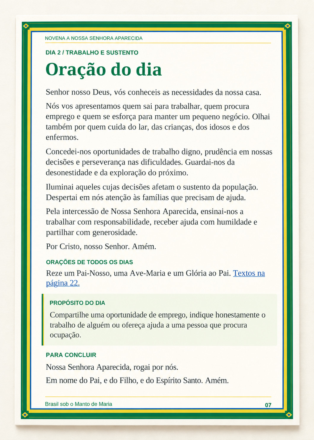 Página 07: oração sobre trabalho e sustento